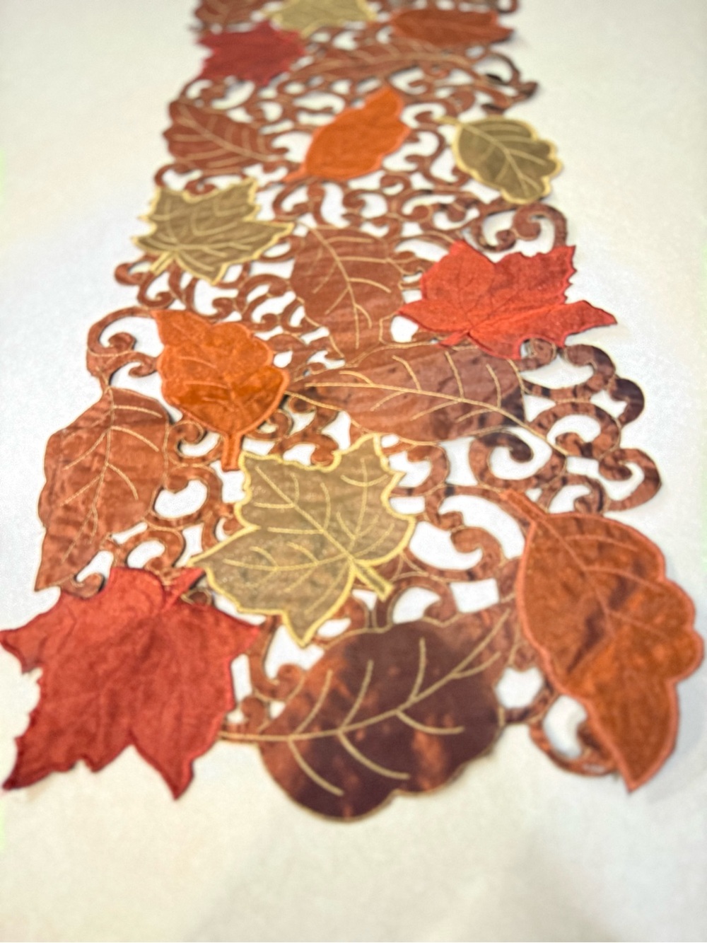 Fall Thanksgiving Table Runner 12 x 70 Inches, Cutwork Embroidered